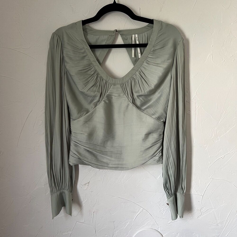 Anthropologie Sage Green Cinched V-Neck Blouse Ruched Cutout Top XS